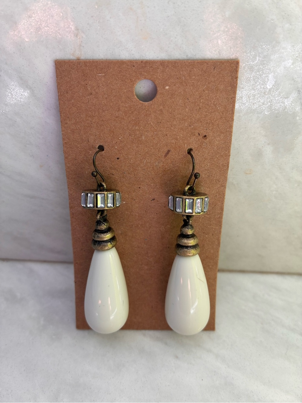 Elegant White Teardrop Dangle Earrings - Vintage Gold Accent